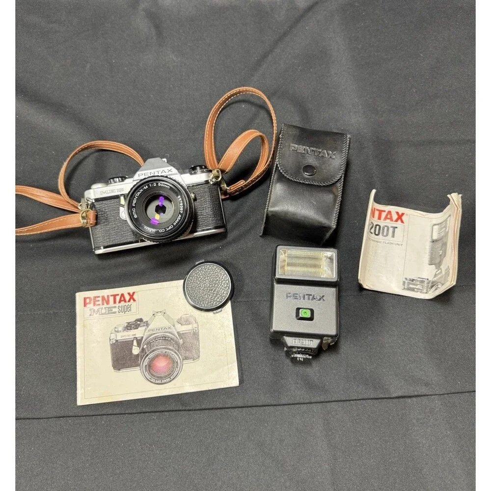 Pentax ME Super Film Camera with PENTAX-M 1.2 / 50mm Lens, Strap, AF 200T Flash